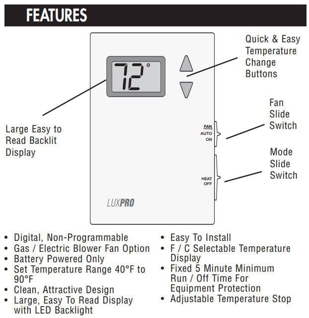 Lux Pro PSD010BF Digital Non-Programmable Thermostat for Home, Heat only with Fan - style: PSD010BF