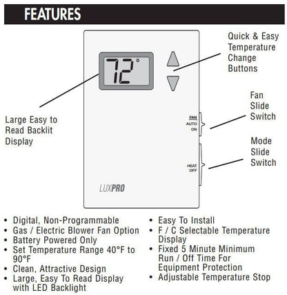 Lux Pro PSD010BF Digital Non-Programmable Thermostat for Home, Heat only with Fan - style: PSD010BF