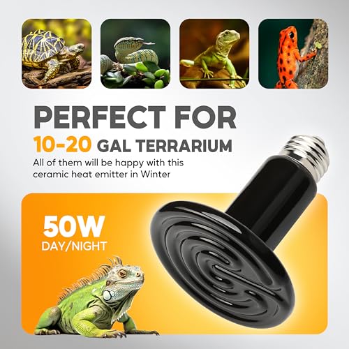HealSmart 50W Reptile Heat Lamp Ceramic Heat Emitter, No Light Emitting Heat Bulbs, Suitable for Snake/Lizard/Spider, Plant Growth and Incubating Chicken, 2-Pack - size: 50 Watts, style: D-75mm (2.95")