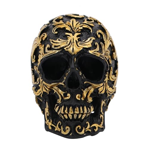 Gothic Skull Heads Home Decor - 3.62 Inch Desk Skeleton Skull Head Statue Fake Resin Skull Figurine Decor for Halloween Decorations, Party Gold Skull Head Designs