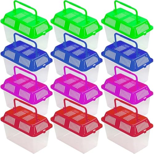 Fun Express Clear Plastic Aquariums with Colored Lids, 12 Pieces | Amphibia Container, Tortoise Living Tank, Goldfish Aquarium, Handle, Small World Habitat