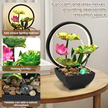 Tabletop Fountain 3-Tiers Leaf,11" Small Waterfall Fountains Indoor Water Fountain with Rocks and Ring Lights,Desktop Fountains for Meditation Relaxation for Bedroom Living Room Office