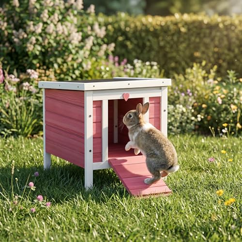 PawHut Small Wooden Rabbit Hutch Bunny Cage Guinea Pig Cage Duck House Dog House with Openable & Waterproof Roof, Red - color: Red