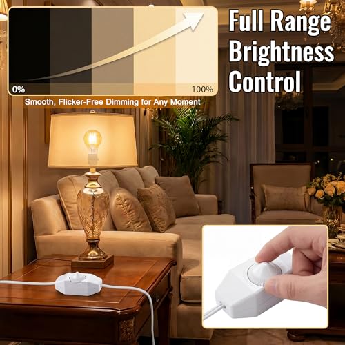 2 Pack Upgraded Inline Dimmer Switch for Lamp Cord, Full Range Rotary Dimmer Switch for Lamps & Pendant Lights, UL Certification, No Solder for Dimmable LED, Incandescent & Halogen Bulbs (White)