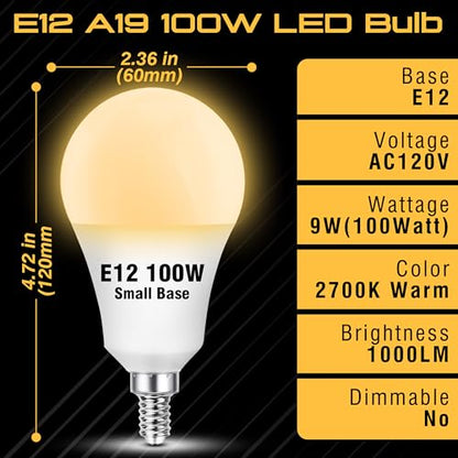 E12 A19 100W Equivalent LED Candelabra Light Bulbs 2700K Warm White, AC120V 9W 1000LM, E12 A60 Globe Candelabra Small Base Screw Socket Bulb for Ceiling Fan Chandelier Salt Lamp, Non-Dimmable, 2 Pack - color: 2700k Warm White, size: 100 Watts