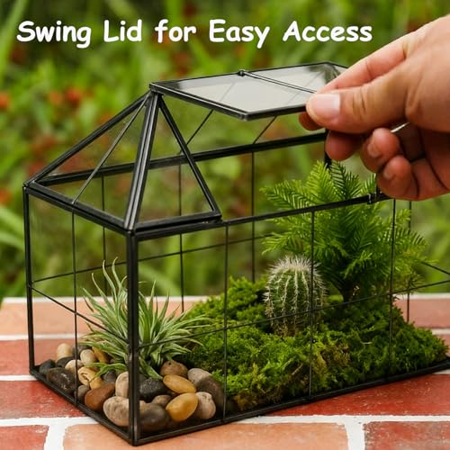 HighFree Geometric Terrarium Planter with Swing Lid, House Shape Black Handmade Glass Box, Vintage Tabletop Miniature Terrarium, for Succulent, Cacti, Air Plants (Not Watertight - 9.2x5.5x7.3 inch)