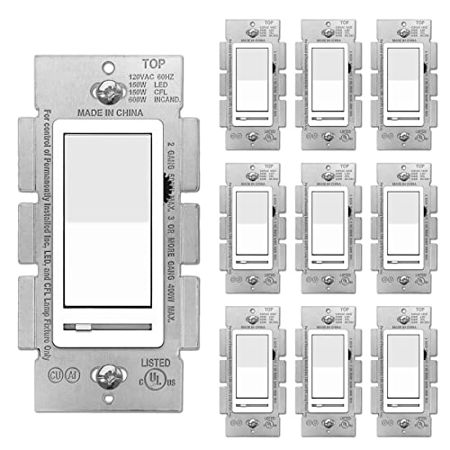 BESTTEN 10 Pack Dimmer Light Switch, Single Pole or 3-Way, Slide Dimmer Switches, Compatible with Dimmable LED, CFL, Incandescent and Halogen Bulb, Neutral Wire Not Required, 120VAC, UL Listed, White - color: White
