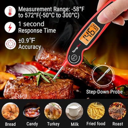 TempPro TP605 Instant Read Meat Thermometer for Cooking, Waterproof Digital Food Thermometer with Large Backlit LCD, Kitchen Thermometer for Grilling, Smoking & Candy Making (Previously ThermoPro) - color: Red