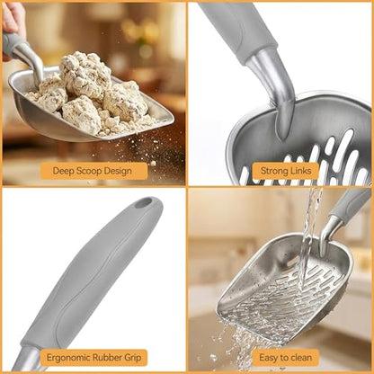 Cat Litter Scoop, Large Long Handle Kitty Metal Scooper, Heavy Duty Aluminum Deep Sifter, Ergonomic Non-Slip Grip, Rustproof Durable Poop Cleaner for Cat Litter Box - color: Gray, size: Large