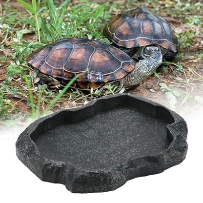 Tortoise Water Bowl - Reptile Water Food Dish Medium - Shallow Rock Reptile Feeder - Pet Aquarium Ornament Terrarium Dish Plate for Feeding Water Tortoise Lizard, 7.1 * 5.5 * 0.8in