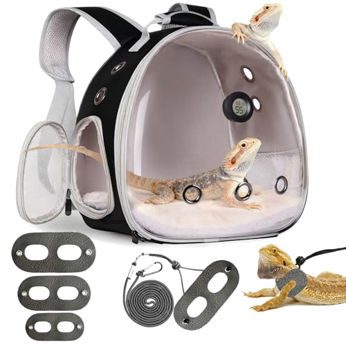 Bearded Dragon Travel Backpack Carrier with Reptile Thermometer and Humidity Gauge Lizard Travel Cage Space Capsule Clear Bubble Window Astronaut Reptile Bag for Ball Python (Black, Backpack+PG LSH) - color: Black, size: Backpack+PG LSH