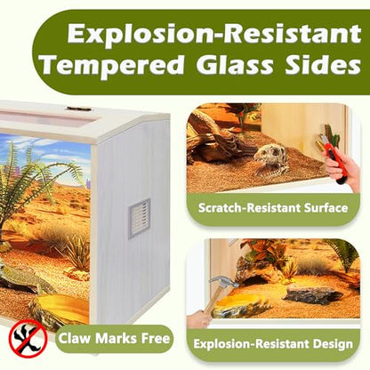 PROLEE Bearded Dragon Tank, 30 Gallons Wooden Reptile Enslosure, Tempered Glass Lizard Tank, Large Bearded Dragon Enclosure with Built-in Lamp Fixture for Lizard - size: 30 gallons