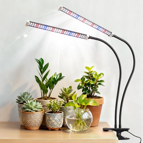 Grow Light for Indoor Plants, 120 LEDs Full Spectrum 5700K Plant Lamp with Red Blue White Light, 5-Level Dimmable, 4/8/12H Timer, Adjustable Clamp Stand(Dual Head) - size: Clip-2Head