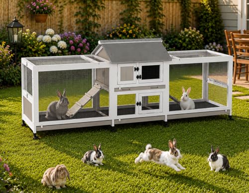 Extra Large 2-Story Rabbit Hutch Indoor and Outdoor with Dual Run Areas for 2-6 Rabbits & Guinea Pig, Wooden Bunny Hutch with 4 Pull-Out Trays, 2 Chew-Proof Ramps, Asphalt Roof, 8 Lockable Wheels - size: PET81