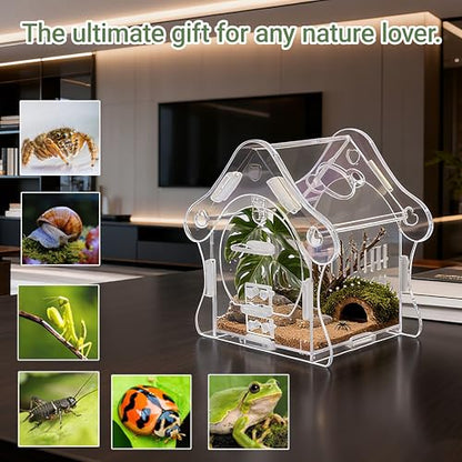 Mushroom Jumping Spider Enclosure Kit, 3mm Acrylic Habitat Tank with Magnetic Feeding Door & Lock, No-Tool Assembly for Jumping Spiders, Mantis, Small Tarantulas