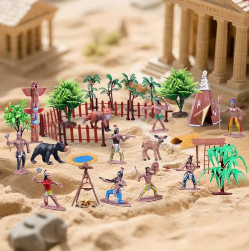 31Pcs Native American Village Playset, Assorted Indigenous People Figures with Tepee, Totem Pole, Fence, Trees, Animals, Tribal Cultural History Educational School Project Toys for Kids - style: Native