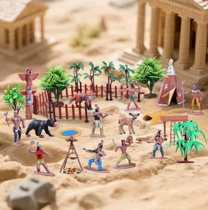 31Pcs Native American Village Playset, Assorted Indigenous People Figures with Tepee, Totem Pole, Fence, Trees, Animals, Tribal Cultural History Educational School Project Toys for Kids - style: Native
