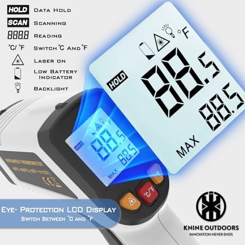 KNINE OUTDOORS Infrared Thermometer Laser Temperature Gun, -58℉ to 1112℉, Single Laser Targeting, Distance to Spot Ratio 12:1, for Cooking, Oven and Meat (White) - color: White