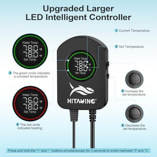 HiTauing Aquarium Heater, 100W/200W/300W/500W Fish Tank Heater with Upgraded LED Large Display, Up/Down Control Buttons and Intelligent Leaving Water Automatic Power-Off for Saltwater and Freshwater - size: 100W for 10-20 Gallon