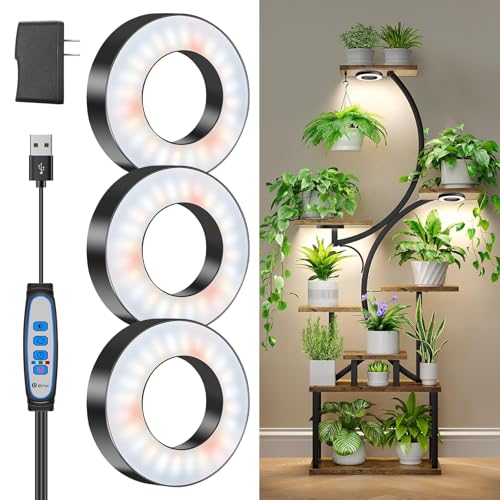 Wiaxulay Grow Lights for Indoor Plants, 144 LEDs Full Spectrum LED Plant Grow Light, 5V/3A Under Cabinet Grow Lamp with Auto Timer 6/12/16 Hrs, 3 Lighting Mode, 5 Brightness Levels, Tri Head (3.5in) - size: 3.5in-Three Head