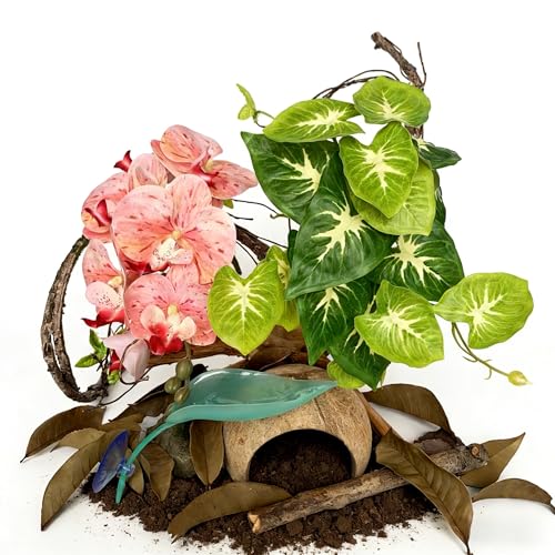 Crested Gecko Tank Decor Kit with Artificial Plants, Vine & Coconut Hide | 5PCS Rainforest Terrarium Set with Orchid & Leaf Platform, Gecko Habitat Accessories for Climbing, Hiding & Decor - color: Pink