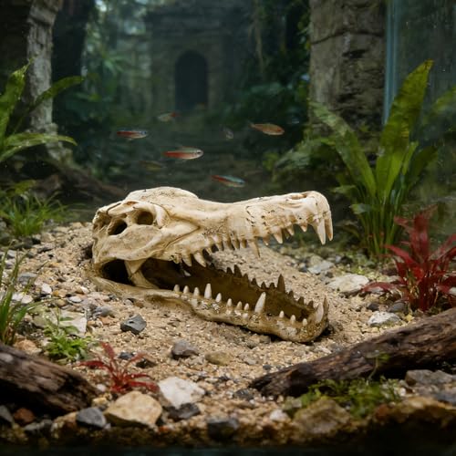 Dinosaur Skull Resin Ornament for Reptile Tanks and Aquariums, Simulated Bone Design, Hiding Cave for Snakes, Lizards, and Spiders, Terrarium Decoration, 4.7 x 2.2 x 3 in