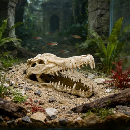 Dinosaur Skull Resin Ornament for Reptile Tanks and Aquariums, Simulated Bone Design, Hiding Cave for Snakes, Lizards, and Spiders, Terrarium Decoration, 4.7 x 2.2 x 3 in