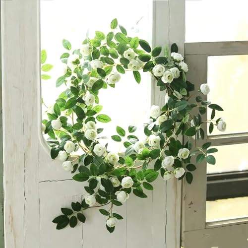 5.7FT Artificial Rose Floral Vines, Vine Wall-Mounted Plants, Decorative Flower Pipe Cover for Outdoor Garden, Faux Rose Vine Decoration, Bendable Wreath Garland for Home Weddings Party (White, 2Pcs) - color: White, 2pcs