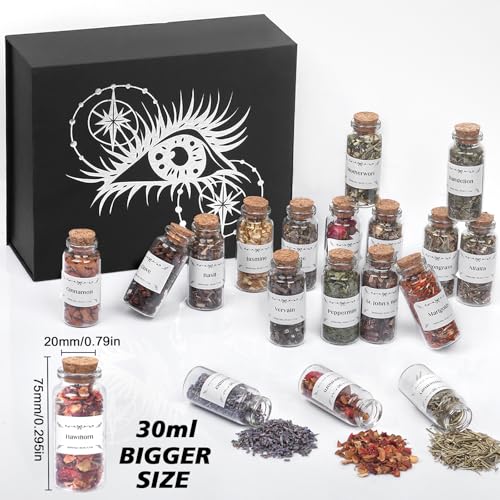 HNSHAG Witchcraft Supplies Herbs and Flowers Kit, Bigger Size 18pack Dried Herb for Witchy Beginners, Witchcraft Altar Supplies and Decor, Cinnamon Vervain Spiritual Herb for Witchy Gifts for Women - size: 30ml 18pack