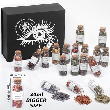 HNSHAG Witchcraft Supplies Herbs and Flowers Kit, Bigger Size 18pack Dried Herb for Witchy Beginners, Witchcraft Altar Supplies and Decor, Cinnamon Vervain Spiritual Herb for Witchy Gifts for Women - size: 30ml 18pack