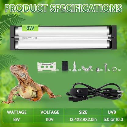 QZQ T5 UVB Reptile Light Fixture Combo Kit 8W, UVB Light for Reptiles with Switchable 5.0 & 10.0 UVB Output, Terrarium Hood Lamp for Bearded Dragon, Snake, Gecko, Tortoise, Lizard - size: 8W-5.0&10.0-12.4IN