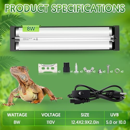QZQ T5 UVB Reptile Light Fixture Combo Kit 8W, UVB Light for Reptiles with Switchable 5.0 & 10.0 UVB Output, Terrarium Hood Lamp for Bearded Dragon, Snake, Gecko, Tortoise, Lizard - size: 8W-5.0&10.0-12.4IN