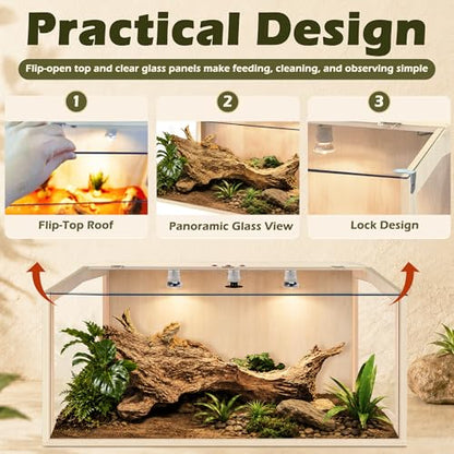 PROLEE Bearded Dragon Tank, Lizard Tank with Clear Tempered Glass, Anti-Scratch Reptile Enclosure, Reptile Tank Built-in Light Fixtures with Switch (40X20X20inch,65 Gallons) - color: Transparent Roof, size: 40X20X20inch,65 Gallons