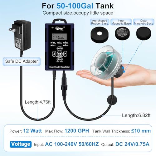 hygger Mini Wave Maker For Aquarium, Ultra-quiet Transparent Wavemaker With Controller, Adjustable Flow Magnetic DC 24V 1200GPH Powerhead, Circulation Pump For 50-100Gallon Freshwater Coral Reef Tank - size: 12W