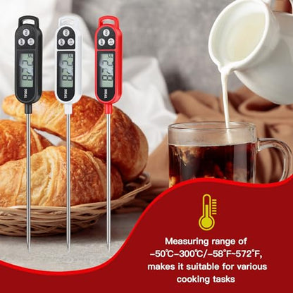 Copkim 6 Pcs Instant Read Meat Thermometer with Long Probe 9.65 Inch Kitchen Cooking Food Candy Waterproof Digital Thermometer for BBQ Water Milk Yogurt Liquid (Round&Square Ring,Black,White,Red) - color: Black, White, Red