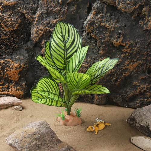 IBWell Reptile Terrarium Plants - Tortoise Habitat Accessories, Artificial Spider Plant for Gecko, Ball Python - Calathea Makoyana A