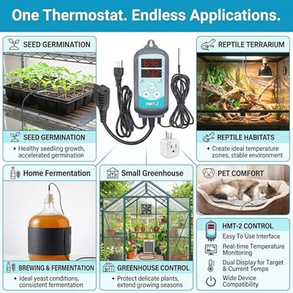 Temperature Controller Plug in Thermostat for Heat Mat & Reptile, 1500W Digital Thermostat Outlet with Probe, Heating & Cooling, Power-Off Memory, 3-Outlet for Multiple Devices