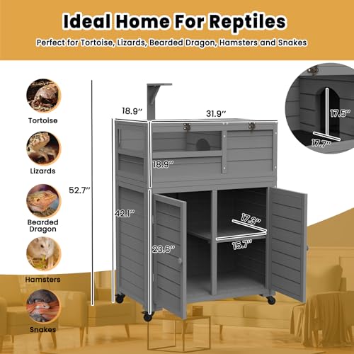 Wooden Tortoise Habitat with Storage and Wheels, Large Turtle Enclosure Cage with Lamp Holder & Easy-Clean Tray, Tortoise Enclosure Indoor & Outdoor, Reptile Enclosure with for Gecko, Lizard, Snake