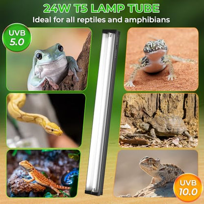 Lustaled 22’’ 24W T5 UVB Reptile Light Combo Kit Switchable UVB 5.0, 10.0 | for Tropical & Desert Reptiles, Reptile Lamp Terrarium Hood UVB Light for Bearded Dragon, Lizards, Snake, Chameleon, Turtle