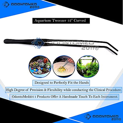 Long Aquarium Tweezers Stainless Steel Tweezer with Carbonation Protection Coating Against Rust Reptiles Feeding Tongs for Aquatic Plants Lizards Spider Snakes - 12inch, Black Curved