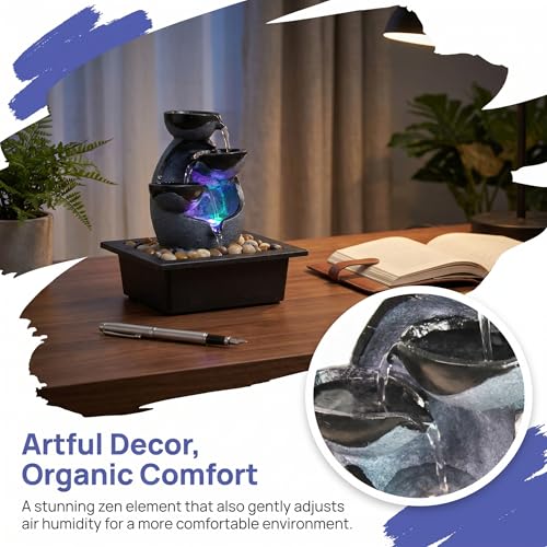 Tabletop Water Fountain with LED Lights, Indoor Resin Waterfall Fountain for Desk Office Home Decor, Zen Meditation Relaxation Feature with ON/Off Switch and Pebbles - size: A