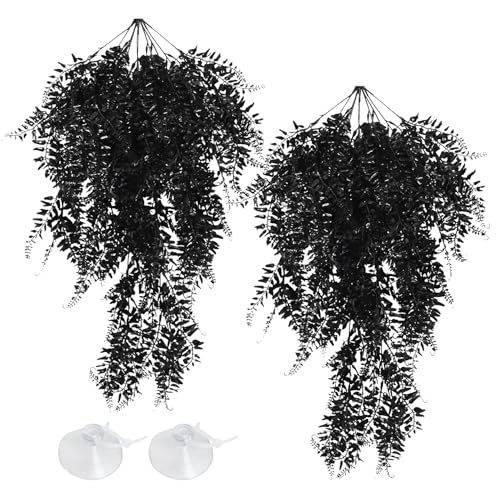 Hamiledyi Reptile Plants Hanging Terrarium Plants 2 Pack Fake Artificial Leaves with Suction Cup for Snake, Lizard, Chameleon (Black) - color: 2 Pcs Black Reptile Plants