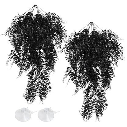 Hamiledyi Reptile Plants Hanging Terrarium Plants 2 Pack Fake Artificial Leaves with Suction Cup for Snake, Lizard, Chameleon (Black) - color: 2 Pcs Black Reptile Plants