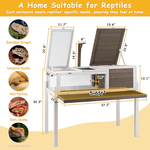 PetsCosset Tortoise Habitat with Detachable Legs, Wooden Indoor & Outdoor Turtle Enclosure, Two-Room Reptile House, Large Observation Windows, Removable Pull-Out Tray, for Tortoises - size: 37.2"L x 22.8"W x 32.3"H