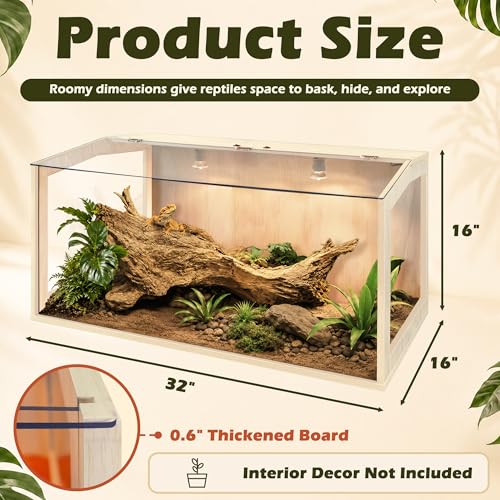 PROLEE Bearded Dragon Tank, Lizard Tank with Clear Tempered Glass, Anti-Scratch Reptile Enclosure, Reptile Tank Built-in Light Fixtures with Switch (32X16X16inch,34 Gallon) - color: Transparent Roof, size: 32X16X16inch,34 Gallons