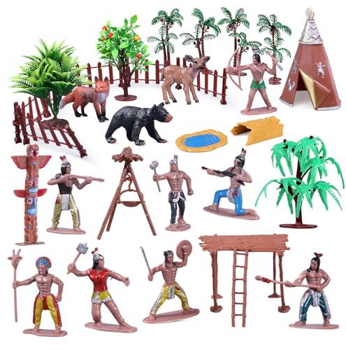 31Pcs Native American Village Playset, Assorted Indigenous People Figures with Tepee, Totem Pole, Fence, Trees, Animals, Tribal Cultural History Educational School Project Toys for Kids - style: Native