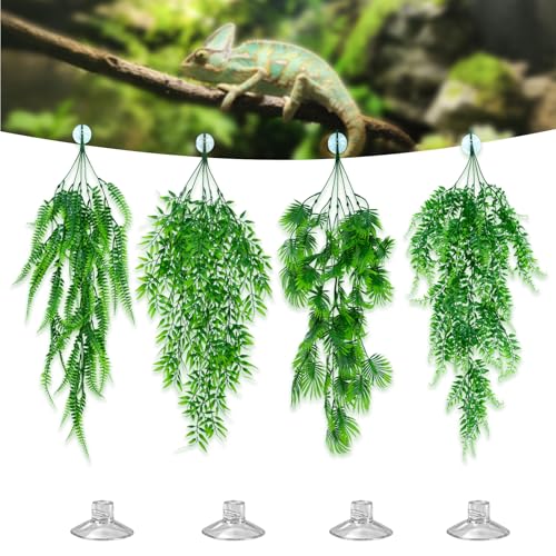 Reptile Plants for Bearded Dragon Tank Accessories, 4 Pack Terrarium Hanging Vines Artificial Leaves with Suction Cups for Lizard, Gecko, Snake, Chameleon Habitat Decor - color: Rp-b-2