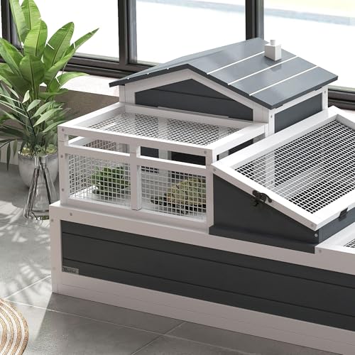 Robust Spacious Strong Durable Secure Premium Wooden 3-Room 2 Stories Tortoise Habitat with Balcony 44x25.5x23 Overall Dimensions Gray