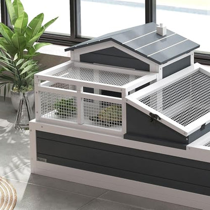 Reliable Spacious Durable Secure Premium Robust Wooden 3-Room 2 Stories Tortoise Habitat with Balcony 44x25.5x23 Overall Dimensions Gray