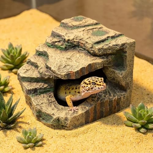 Large Resin Reptile Tank Accessories Hideouts Cave Habitat Decor for Leopard Gecko Lizards Turtle Toad Bearded Dragon, Realistic Rock Reptile Hide Cave, Durable Reptile Shelter for Terrarium